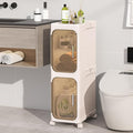 KHNR 2-Tiers Slim Bathroom Storage Cabinet, Foldable Storage Cabinets,Narrow Bathroom Storage,Movable Bathroom Storage Organizer for Small Spaces,Bathroom,Kitchen,Laundry,Cream White