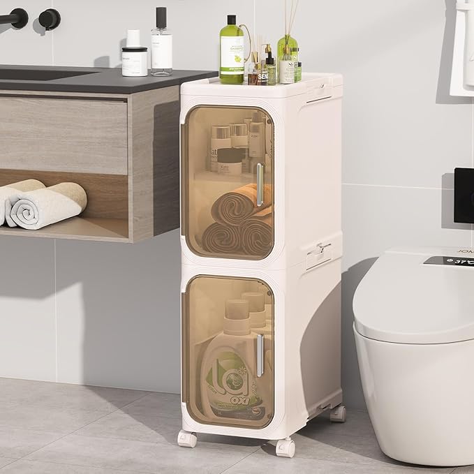 KHNR 2-Tiers Slim Bathroom Storage Cabinet, Foldable Storage Cabinets,Narrow Bathroom Storage,Movable Bathroom Storage Organizer for Small Spaces,Bathroom,Kitchen,Laundry,Cream White