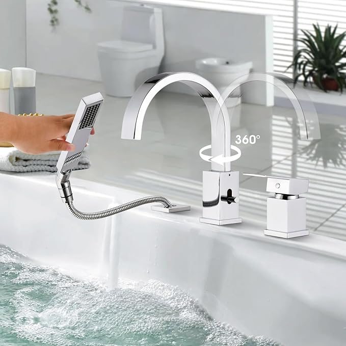 Brass Roman Tub Faucet with Handheld Sprayer, Deck Mount Bathtub Faucet with Hand Shower, 3 Hole Waterfall Faucet with 360 Spout, Single Handle Tub Filler with 8 GPM High Flow, Chrome