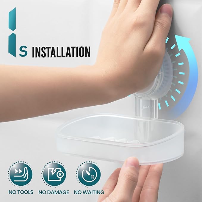 TAILI Soap Dish Bar Holder Suction Cup,Soap Saver with Powerful Vacuum Suction,Sponge Holder for Shower,Bathroom,Tub and Kitchen Sink, Universal Shower Accessories,Drill-Free,Removable,Clear