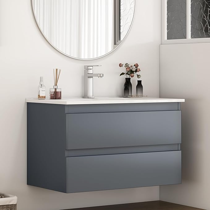 32" Wall Mounted Bathroom Vanity with Sink, Modern Dark Grey Floating Cabinet, Solid Plywood with Round Edges, 2 Soft Close Drawers, Handleless Design, Ceramic Top