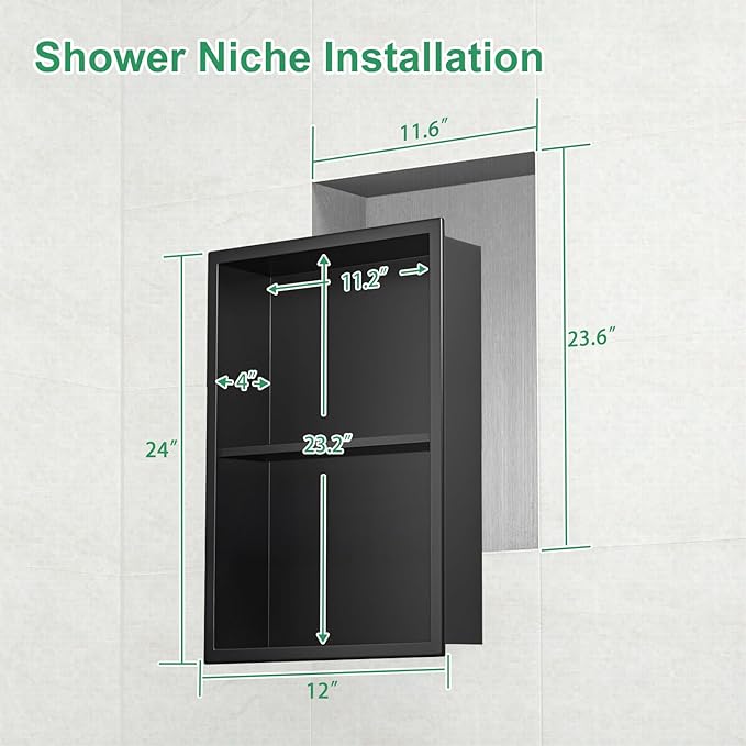 SaniteModar Shower Niche, Stainless Steel Shower Niche 12" X 24" No Tile Needed, Recessed Niche Shower for Bathroom Storage, Matte Black Double (Matte Black, 12x24,Double)