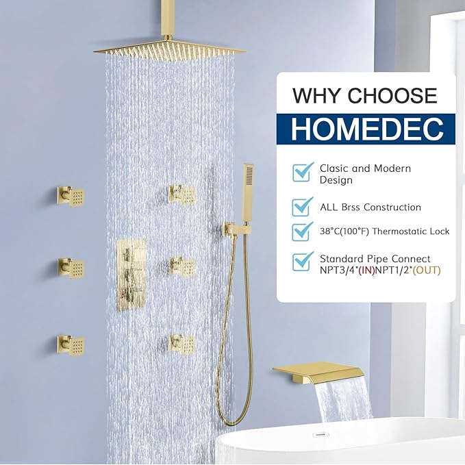 Brass 4 Ways Shower Diverter Valve Brushed Gold, HOMEDEC Thermostatic 4 Outlets 3 Handles Control Shower Mixing Mixer Valve Trim Kit Replacement, 3/4inch Rough In