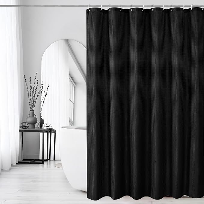 Gibelle Long Shower Curtain 72 x 78, Tall Waffle Weave Textured Fabric Shower Curtain for Bathroom, Water Repellent, Machine Washable, Black