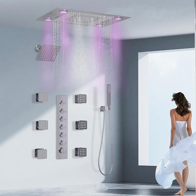24x32 LED Dual Head Shower System 24"x32" Ceiling Mount Shower Head Thermostatic Shower System Rainfall Shower Set with 6 Inches Shower Head and 6 Body Jets High Pressure Shower Handheld