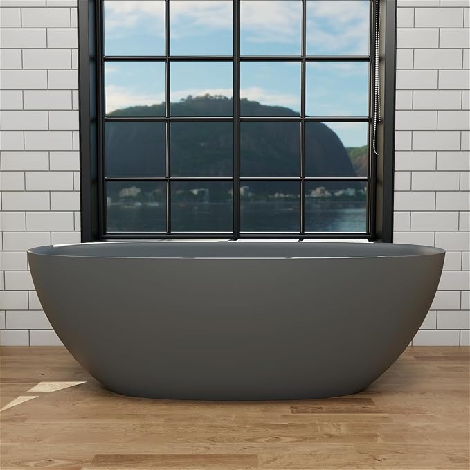 GIVINGTREE 65'' Freestanding Solid Surface Resin Stone Bathtub, Contemporary Design Stand Alone Tub with Pop-up Drain and Overflow, cUPC Certified, Matte Grey(Oval)