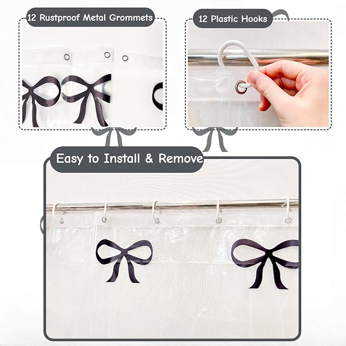Clear Cute Black Bow Shower Curtain Liner, Plastic Transparent Girly Fancy Shower Curtain, Aesthetic Preppy Shower Curtain Bow Bathroom Decor for Women, 72x78 Shower Curtain Set with Magnets 12 Hooks