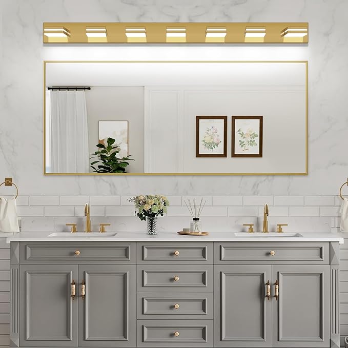 SineRise LED Modern Bathroom Vanity Light Fixtures (7-Light, 55-Inch, Dimmable), Brass Modern Acrylic Bathroom Wall Lighting Fixtures Over Mirror (Cool White 6000K)