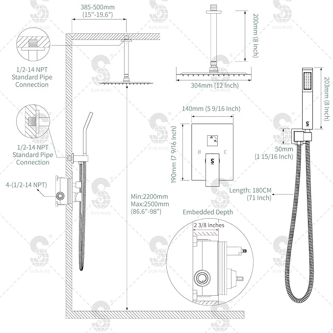 SR SUN RISE 12 Inch Ceiling Mounted Shower System Rain Mixer Shower Combo Set Rainfall Shower Head System Brushed Gold Shower Faucet Trim Repair Kits with Shower Rough-in Valve Body and Trim