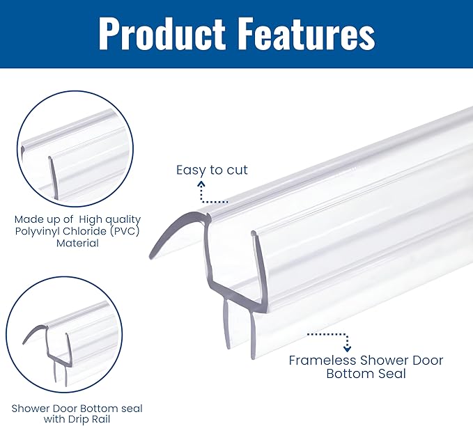 KC Hardware Frameless Shower Door Bottom Seal Strip with Drip Rail - Shower Door Seal Sweep for 3/8 Inch Thick Glass - Acts as a Leak Guard to Prevent Water Leaks - 39 Inch - Ultra Clear - Pack of 2
