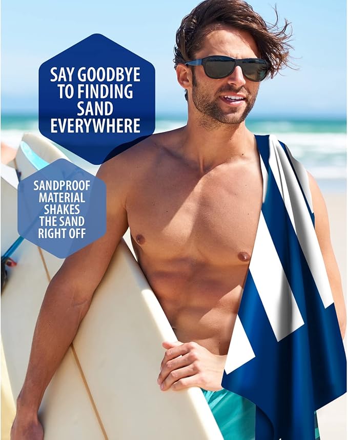 VENTURE 4TH Microfiber Beach Towel: Quick-Dry, Compact, Sand-Free, Absorbent, Sandproof and Lightweight - Perfect for Camping, Beach, and Roadtrips (Dark Blue Stripes Design | 35x78 inches)