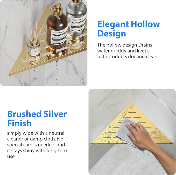 POPFLY 10 Inch Gold Corner Shower Shelf 2 Pack, 304 Stainless Steel Bathroom Shelves for Tiled Wall, No Drilling Recessed Organizer, Luxurious Floating Shower Shelf with Anti-Slip Design, PF7501G
