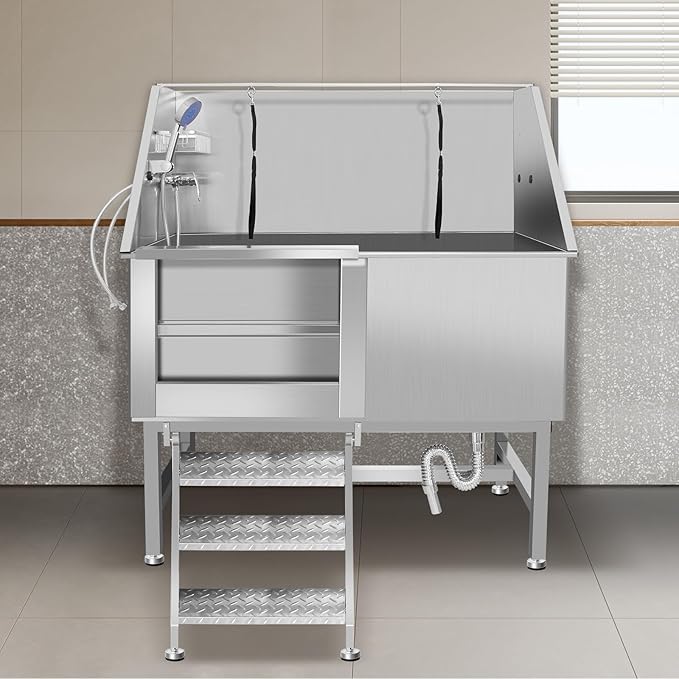 Stainless Steel Dog Cat Pet Grooming Bath Tub (w/Faucet, Sprayer, Shampoo Rack)