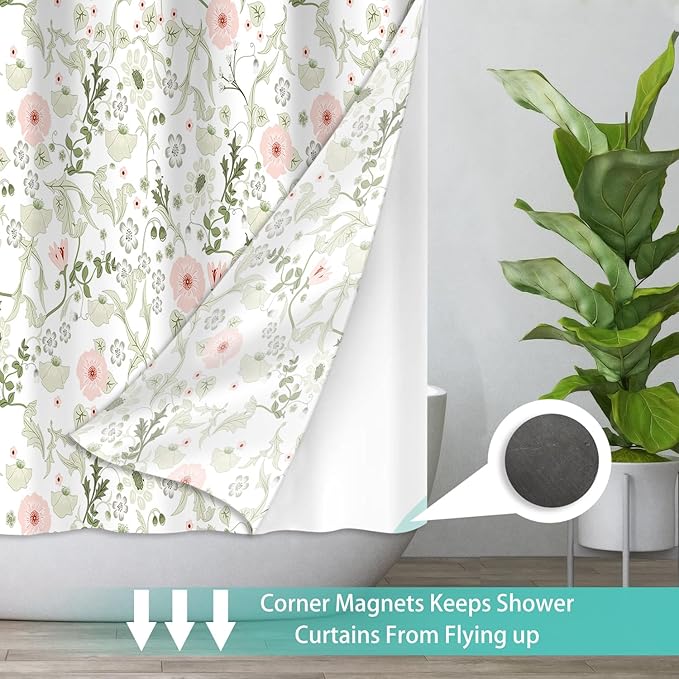 No Hook Shower Curtain Set with Snap in Fabric Liner for Bathroom,with See Through Top Window,Double Shower Curtain with Detachable Liner Replacement,Machine Washable,Green Floral,71"x 74"