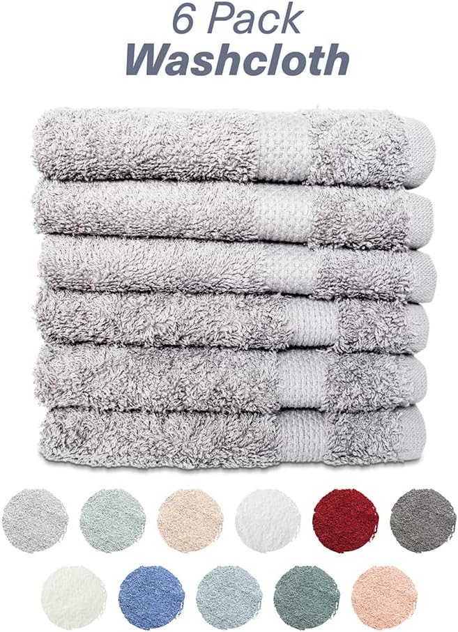 Hencely Premium 6-Pack Washcloths 12x12 Inches Soft Turkish Cotton High Absorbent and Quick Dry Dishtowel for Kitchen and Bath (Wash Cloth 6 Pack, Silver)