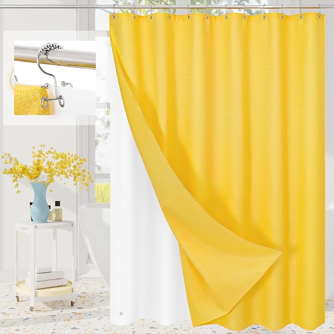 3 in 1 Extra Long Yellow Shower Curtain Set-72 W x 84 H, Modern Waffle and PEVA Liner Set with 12 Stainless Steel Hooks, Waterproof Fabric for Bathroom
