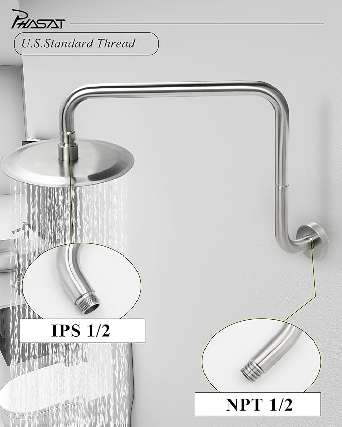 PHASAT S Shaped Shower Arm,Shower Arm Extension Brushed Nickel,High Rise Shower Arm with Flange,Shower Head Extension Arm,PU9L01-M