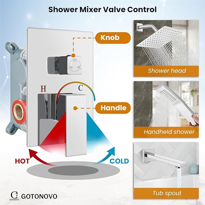gotonovo Shower System with Tub Spout Wall Mounted Rain Shower Head and Handle Combo Shower Faucet Set with Valve, 8 Inch, Polish Chrome