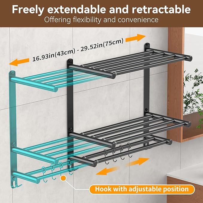 Adjustable 16.9–28" Matte Black Towel Rack for Bathroom SUS304 Stainless Steel 2-Tier Shelf with Extended Bar & 4 Sliding Hooks, Adhesive or Screw Mount, Bathroom/Over-Toilet Organizer
