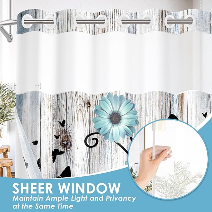 No Hook Teal Flower Shower Curtain with Snap in Fabric Liner Set, Daisy Rustic Farmhouse Double Layers Waterproof Fabric with See Through Top Window Open Grommet Bath Curtain 71x74 Inch