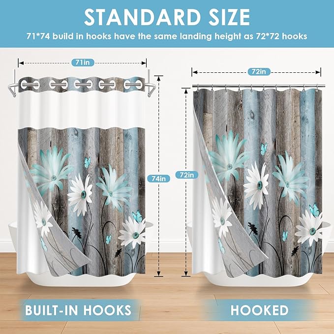No Hook Rustic Farmhouse Shower Curtain with Snap in Fabric Liner Set, Teal Daisy Flowers and Butterfly on Wooden Double Layers Waterproof with See Through Top Bath Curtain 71x74 Inch