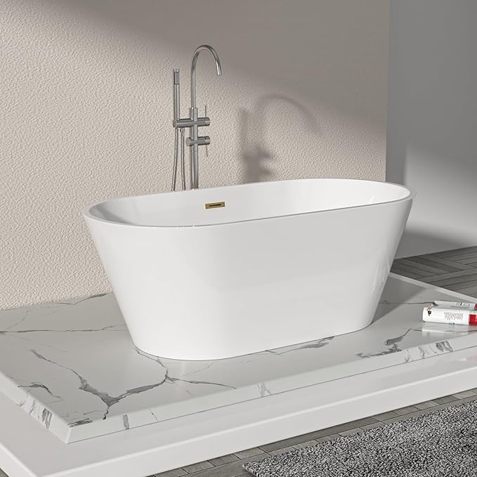 Logmey 59 In White Acrylic Freestanding Bathtub Oval Shape Soaking Tub with Gold Drain & Overflow Assembly for Classic and Modern Bathrooms