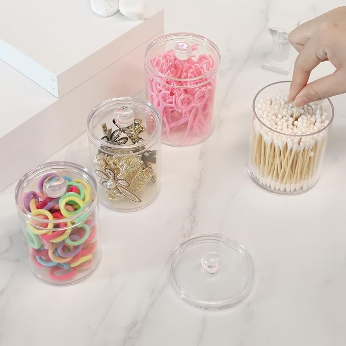 4 Pack Acrylic Qtip Holder Dispenser,Bathroom Canisters Apothecary Jar Set, Vanity Makeup Storage Organizer Set,10 oz