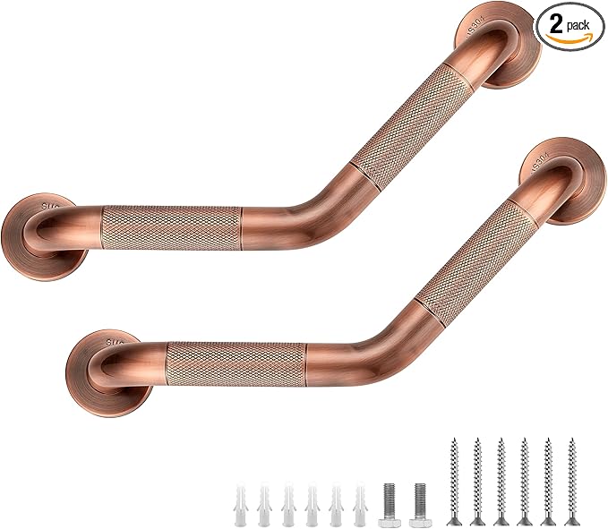 Grab Bars for Bathtubs and Showers- 1-1/4 x 16 Angled Shower Grab Bar for Seniors Knurled Stainless Steel Handicap Grab Bars for Wall (Antique Copper, 2 Pack)