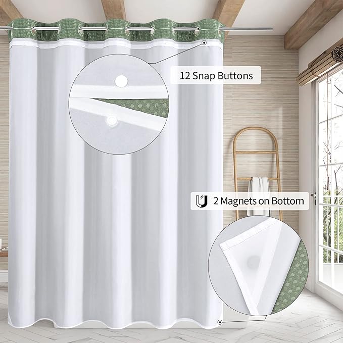 MitoVilla No Hooks Required Sage Green Waffle Shower Curtain Liner Set, Modern Heavyweight Fabric Shower Curtain Set with Snap-in Liner for Hotel Grade Spa-Like Bathroom Decor, 72 x 74