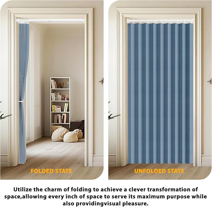 Accordion Door Curtain Set - 100% Blackout, with Curtain Rod Included, for Bedroom Privacy Protection (Blue-43 W x 78" L+Rod)