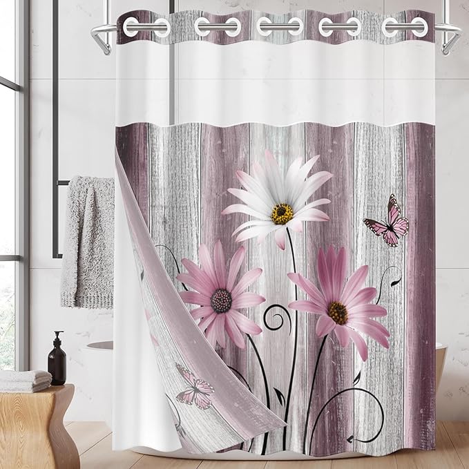No Hook Flower Daisy Shower Curtain with Snap in Fabric Liner Set, Pink Rustic Farmhouse Double Layers Waterproof Fabric with See Through Top Window Open Grommet Bath Curtain 71x74 Inch