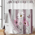No Hook Flower Daisy Shower Curtain with Snap in Fabric Liner Set, Pink Rustic Farmhouse Double Layers Waterproof Fabric with See Through Top Window Open Grommet Bath Curtain 71x74 Inch