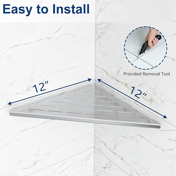 Corner Shower Shelves, 12” Recessed Tile Shower Shelf, 304 Stainless Steel Grout in Corner Tile Shower Shelves, No Drilling, Brushed Nickel, 2 Pack