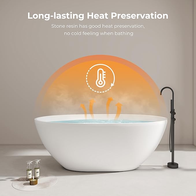 Upgraded 61" Solid Surface Freestanding Bathtub, Oval Stone Resin Tub with Overflow and Pop-up Drain, Matte White