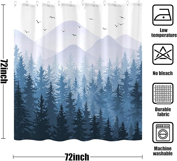 Aipon Blue Misty Forest Shower Curtain Ombre Nature Tree Plants Shower Curtains Fabric Waterproof Mountain Shower Curtain Sets for Bathroom Bath Decor with 12 Hooks (Blue, 72'' × 72'')