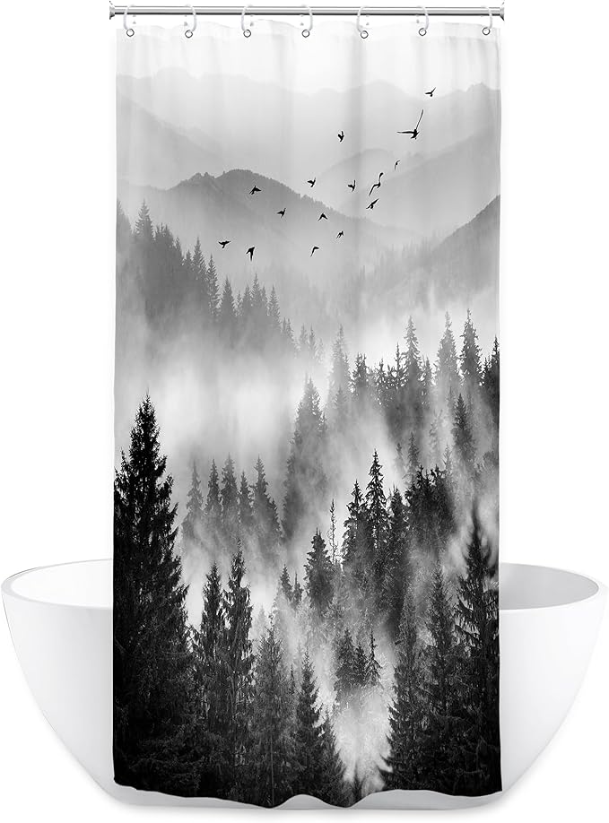 Riyidecor Black and White Shower Curtain 36Wx72H Inch Mountain Rustic Pine Tree Stall Half Small Rv Single Stand Up Camper Narrow Scenery View Bathroom Decor Fabric Polyester Waterproof 7 Pack Hooks
