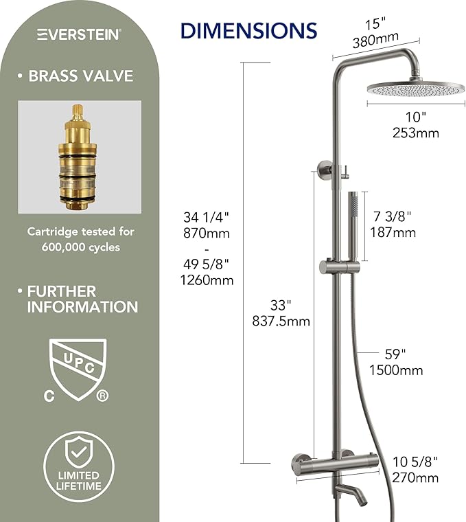 Exposed Shower System with Tub Spout, EVERSTEIN 10 inch High Pressure Shower Faucet Set, 3-Function Wall Mount Rain Showerhead with Handheld Sprayer, Outdoor Bathroom Fixtures, Brushed Nickel