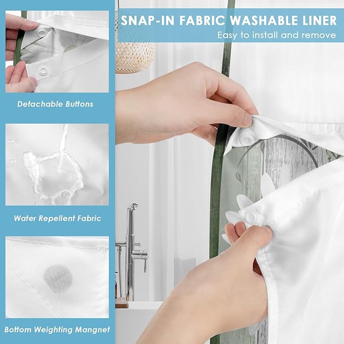 No Hook Green Daisy and Butterfly Shower Curtain with Snap in Fabric Liner Set, Rustic Farmhouse Double Layers Waterproof Fabric with See Through Top Window Open Grommet Bath Curtain 54x80 Inch