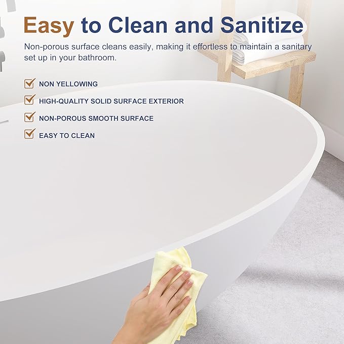 SJ STAR&JANE 71" x 35" SJ STAR&JANE Solid Surface Freestanding Bathtub Stone Resin Oval Soaking Tub Stand Alone Tub with Pop-up Drain & Overflow Matte White