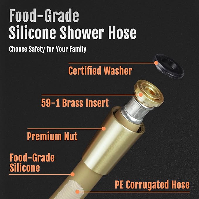 Super Flexible Gold Silicone Shower Head Extension, Kink-Free 60 Inch Handheld Rv Shower Hose Replacement, Premium Brass Material for Cleaning Pet, Bidet