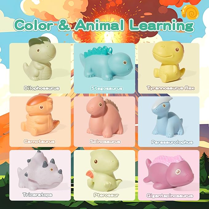 Bath Toys, Dinosaur 9 Pack | Sealed, No Hole & Mold Free Bath Toys Design | Soft, Squeezable & Float on Water | Safe & Non-Toxic Easy-Grip Baby & Toddler Bath Toy Set | Baby Pool Toys