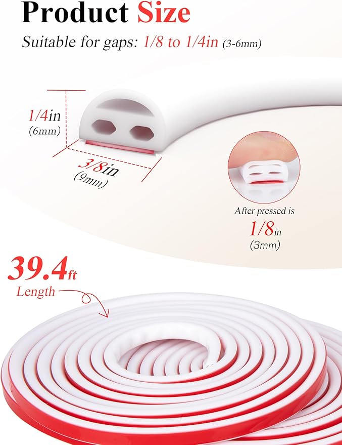 Silicone Door Seal - 39ft Weather Stripping, Soundproof, Self-Adhesive (White)