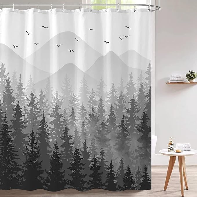 Aipon Black Misty Forest Shower Curtain Gray Ombre Nature Tree Plants Shower Curtains Fabric Waterproof Mountain Shower Curtain Sets for Bathroom Bath Decor with 12 Hooks (Black, 72'' × 72'')