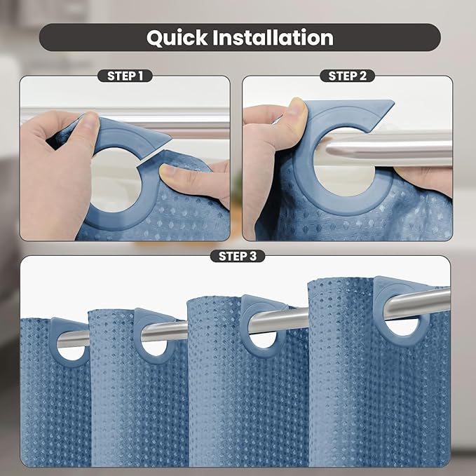 Inhousolu No Hook Waffle Weave Shower Curtain with Removable Snap in Fabric Liner Set for Bathroom, 230 GSM Heavy Duty Weighted Hem Water Repellent Washable Bath Curtains, 72 x 78 Inch, Moonlight Blue