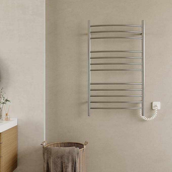 HEATGENE Electric Towel Warmer with Built-in Timer & Temperature Control, Wall-Mounted 12-Bar Large Towel Rack, Plug-in/Hardwired Heated Towel Rail for Bathroom - Brushed