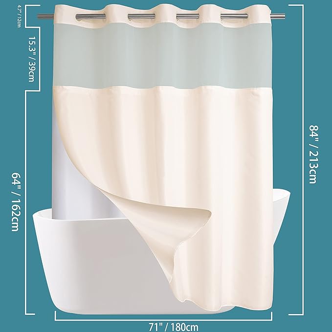Conbo Mio Extra Long No Hook Shower Curtain with Snap in Liner Set, Hotel Luxury Beige Fabric Shower Curtains for Bathroom with See Through Top Window, Washable, Waterproof 71W x 84H