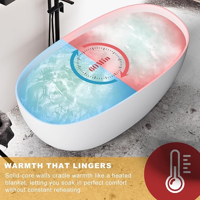 Stone Resin Freestanding Bathtubs,Soklawah 55" Solid Surface Luxury Soaking Tub,Oval Stand Alone Bathroom Bath tub with Drain & Integrated Slotted Overflow,Matte White Elegant Soaker Free Standing Tub
