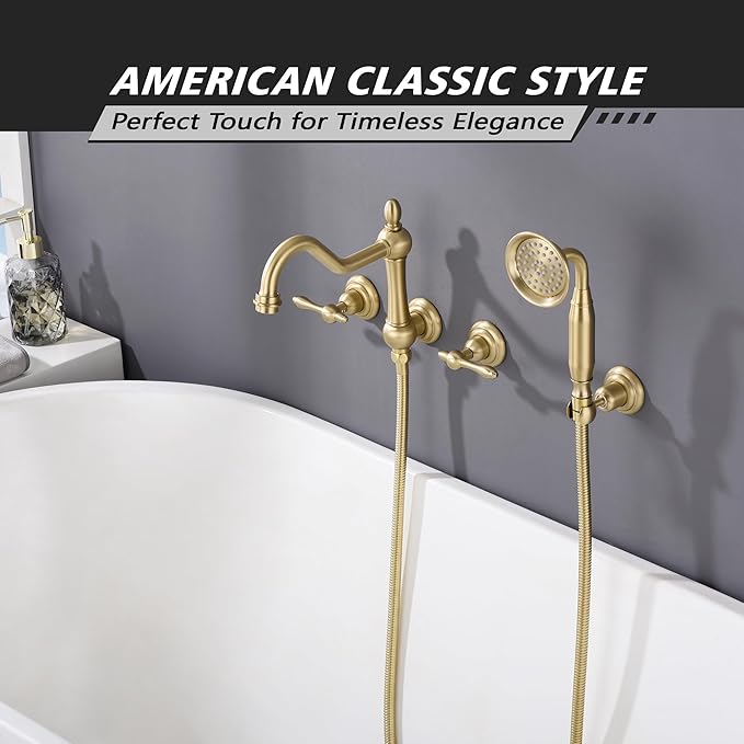 SUMERAIN Wall Mount Tub Faucet with Hand Shower, Brushed Gold Traditional Style Bathtub Faucet, Rough-in Valve Included