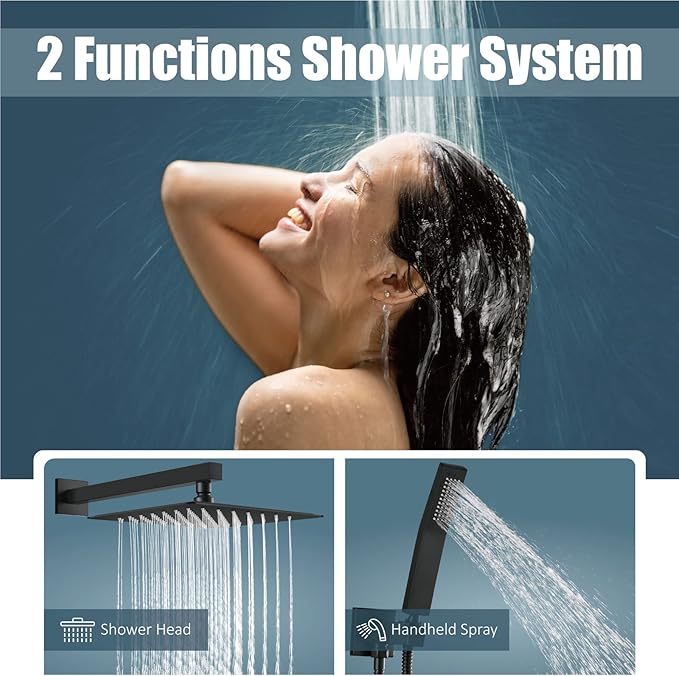 Aolemi Shower Faucet Set Rain Shower System with Handheld Spray Bathroom Shower Combo Rough-in Valve and Shower Trim Kit Included Matte Black 12 Inch Wall Mount Shower Head