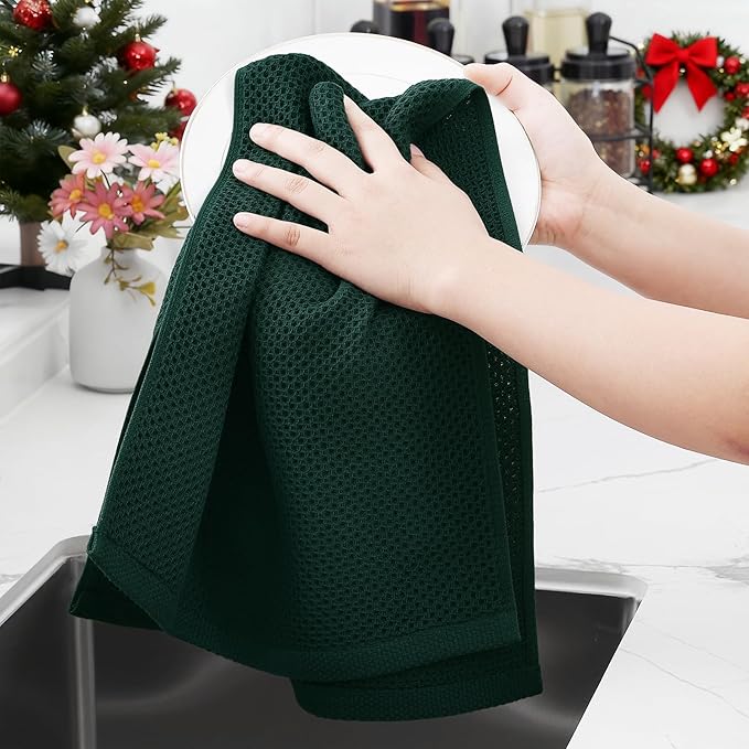 Homaxy 100% Cotton Waffle Weave Kitchen Dish Towels, Ultra Soft Absorbent Quick Drying Cleaning Towel, 13 x 28 Inches, 8-Pack, Blackish Green